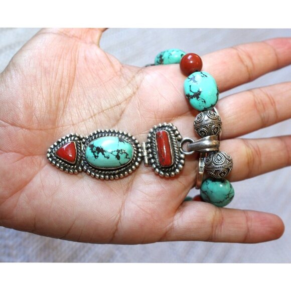 Vintage Turquoise & Coral Necklace Sterling Silver 115.4g Tribal Native American - Picture 6 of 13